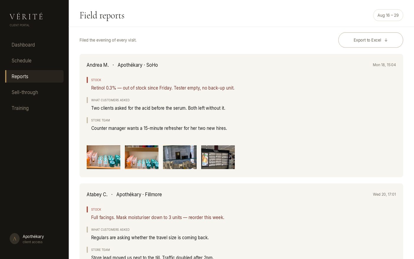 Vérité client portal — Field reports